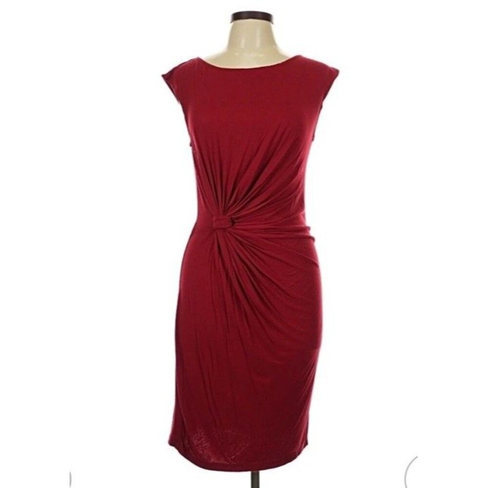 NEW Max Studio Cocktail Red Dress Faux Wrap Sleeveless Faux Wrap Ruched Sheath M